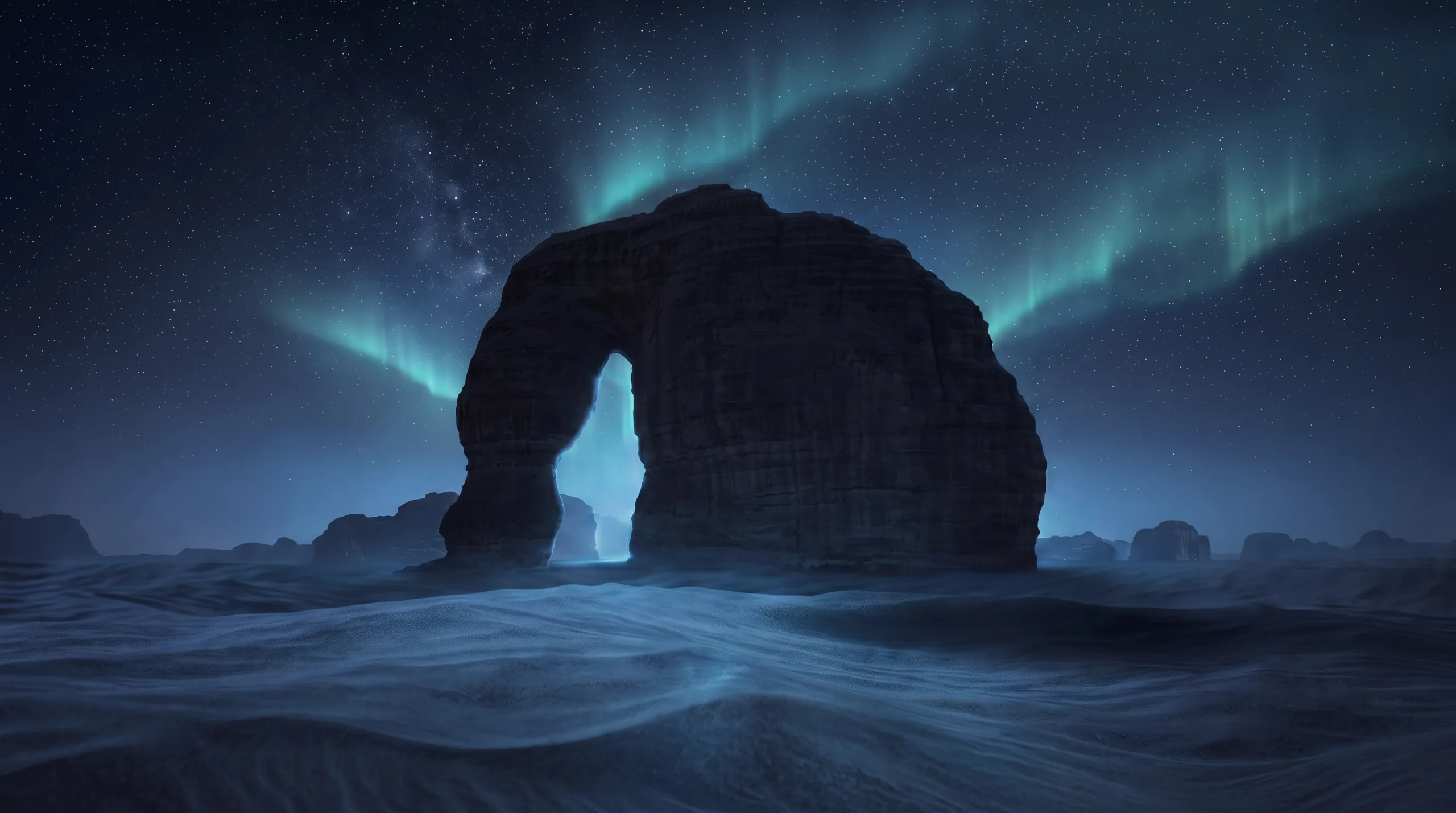 Rock arch over the ocean under an aurora night sky